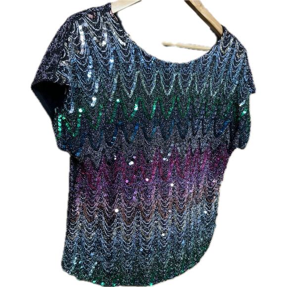 Copy Cats Vintage Sequin Rainbow Retro Disco Short Sleeve Blouse Women Large - Picture 1 of 9